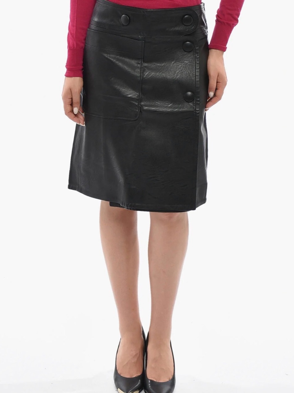 Stella McCartney Black Faux Leather Midi Skirt with Button Detail